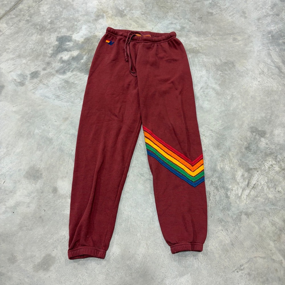 Aviator Nation Burgundy Rainbow Stripe Sweatpants Joggers Maroon Medium